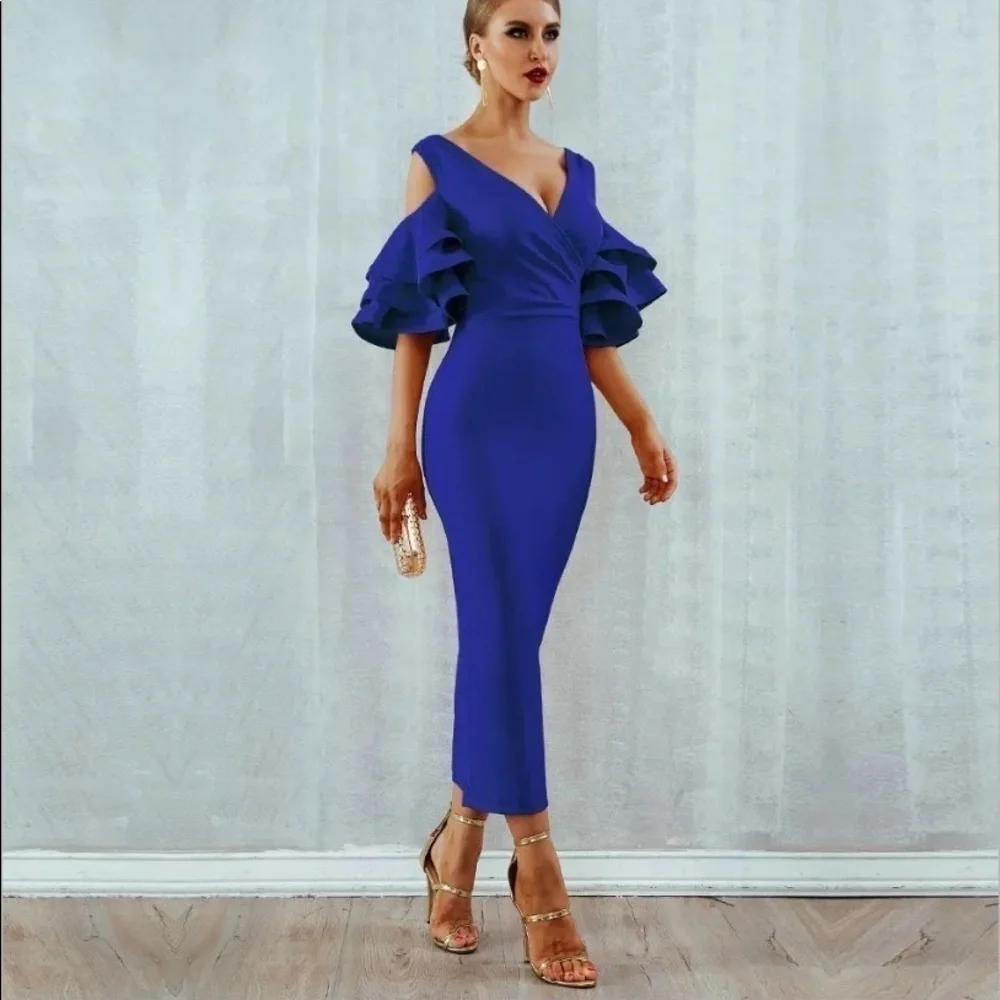 Bodycon Club Dress Sexy Deep V Neck Ruffles Butterfly Short Sleeve Midi size M